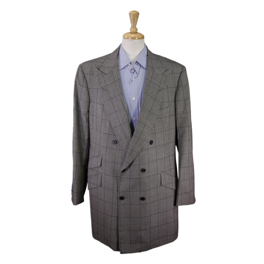 Edgar Pomeroy Bespoke Gray Windowpane 2-Btn Double Breasted Wool Blazer 44XL